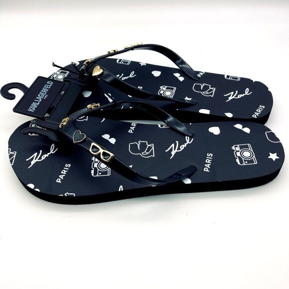 NWT Karl Lagerfeld Paris Women’s Signature Logo Black Sandals 8M - Picture 2 of 8